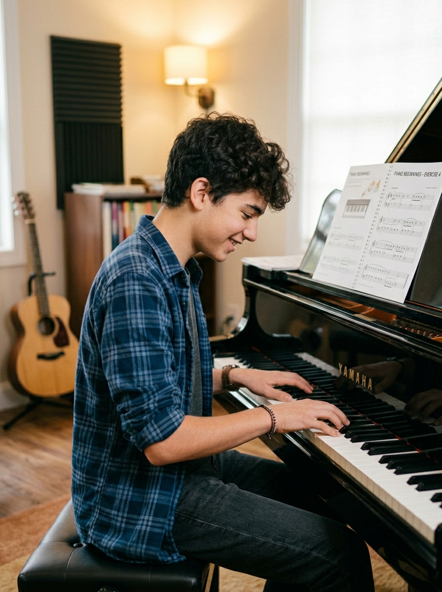 Adult learner practicing piano during a private lesson